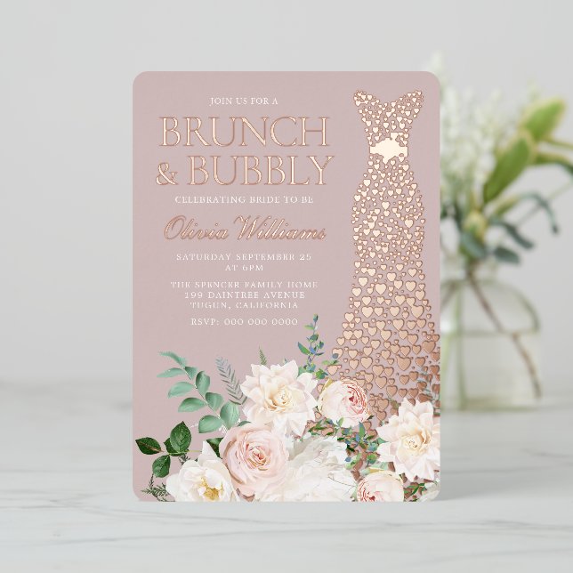 Brunch & Bubbly Bridal Shower Dress Rose Gold  Foil Invitation (Standing Front)