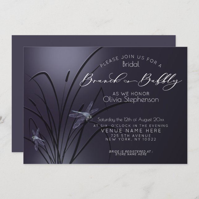  Brunch Bubbly Bridal Shower Dusty Plum Dragonfly Invitation (Front/Back)