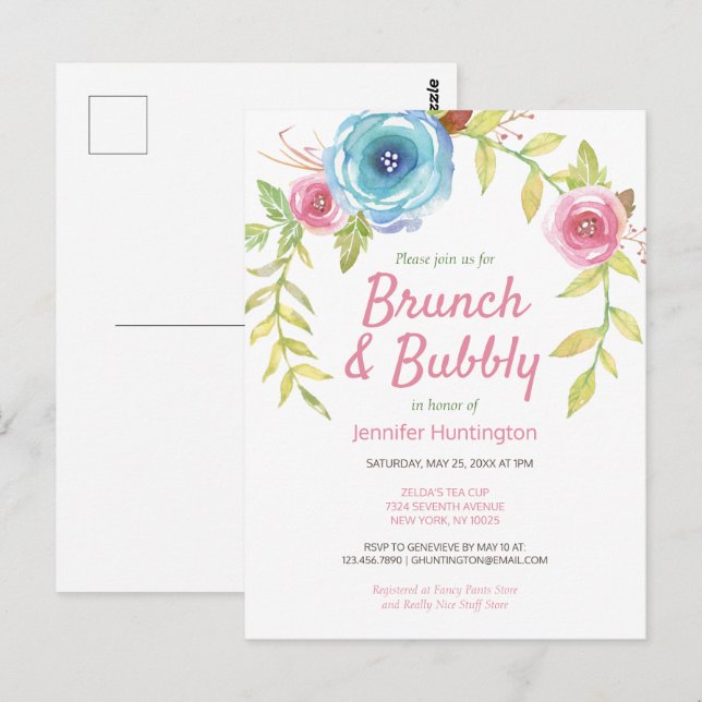 Brunch & Bubbly Bridal Shower Floral Invitation Postcard (Front/Back)