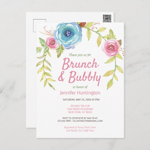 Brunch  Bubbly Bridal Shower Floral Invitation Postcard