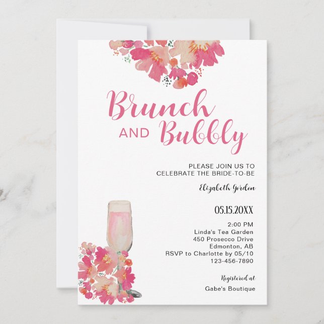 Brunch & Bubbly Bridal Shower Floral Pink Chic Invitation (Front)