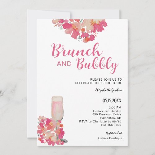 Brunch  Bubbly Bridal Shower Floral Pink Chic Invitation