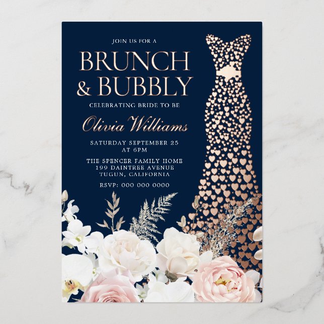 Brunch & Bubbly Bridal Shower Floral Rose Gold Foil Invitation (Front)