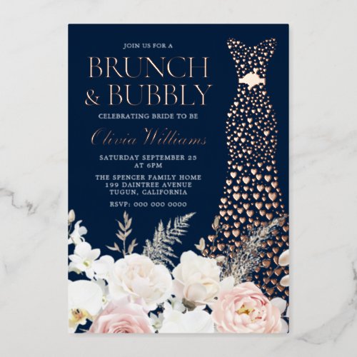 Brunch  Bubbly Bridal Shower Floral Rose Gold Foil Invitation
