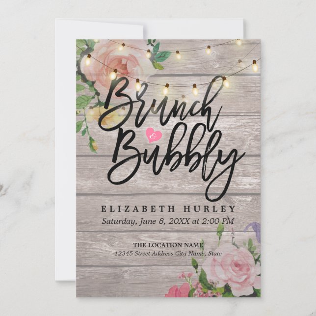 Brunch Bubbly Bridal Shower Floral String Lights Invitation (Front)