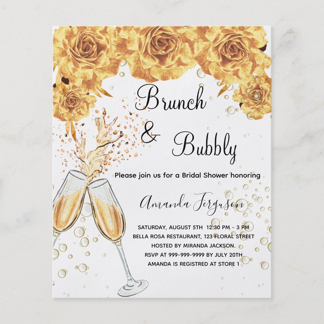 Brunch Bubbly Bridal Shower gold budget invitation Flyer Zazzle