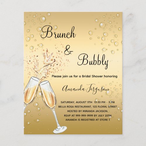 Brunch Bubbly Bridal Shower gold budget invitation Flyer