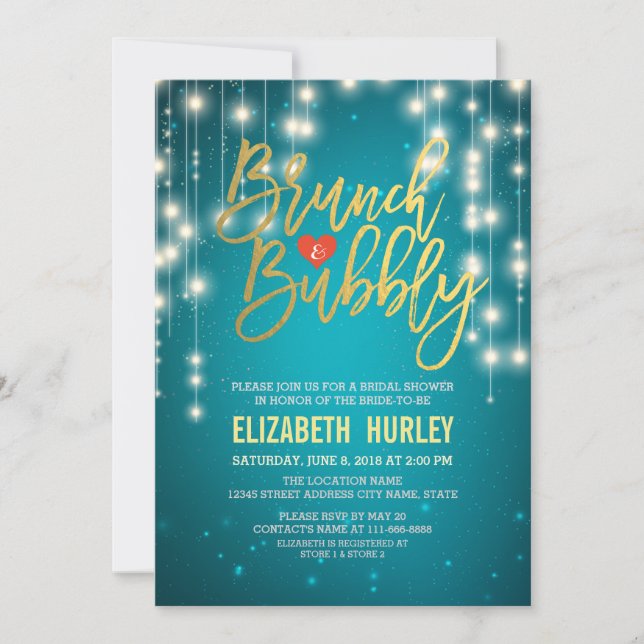 Brunch Bubbly Bridal Shower Gold Script Turquoise Invitation (Front)