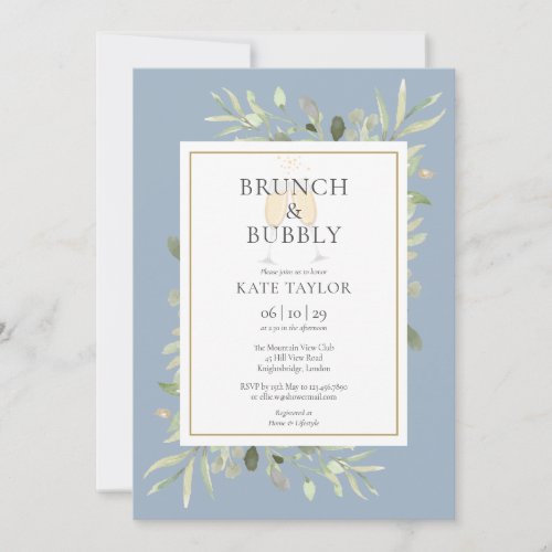 Brunch Bubbly Bridal Shower Greenery Dusty Blue Invitation
