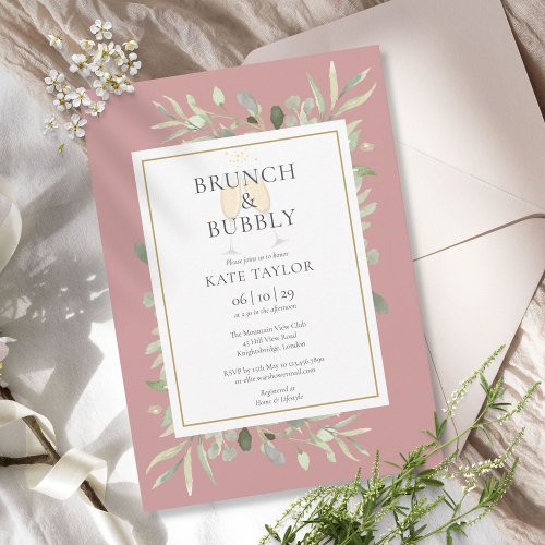 Brunch Bubbly Bridal Shower Greenery Dusty Rose Invitation
