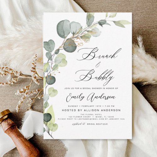 Brunch  Bubbly Bridal Shower Greenery Eucalyptus Invitation