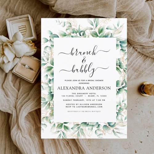 Brunch  Bubbly Bridal Shower Greenery Invitation