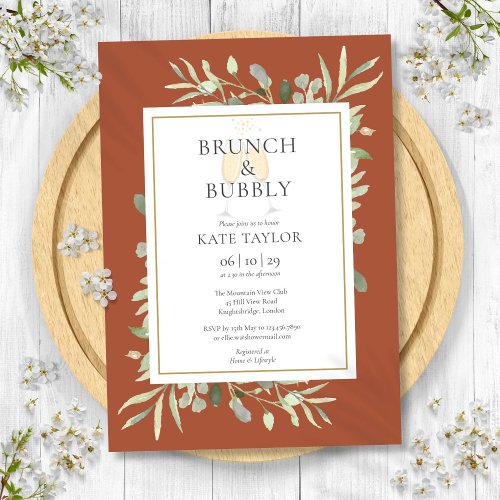 Brunch Bubbly Bridal Shower Greenery Terracotta Invitation