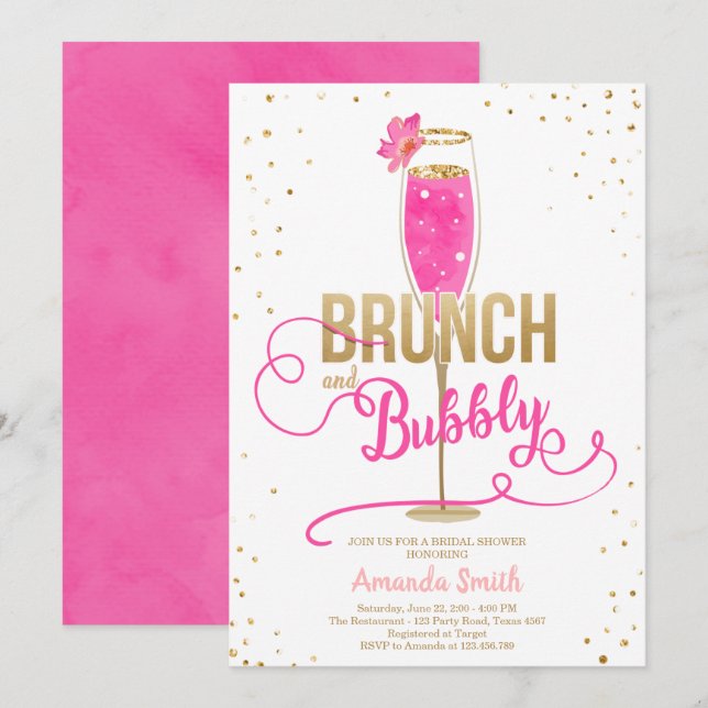 Brunch & Bubbly Bridal Shower Hot Pink Champagne Invitation (Front/Back)