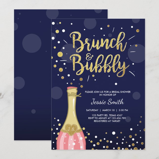 Brunch & Bubbly Bridal shower invitation Navy Gold (Front/Back)