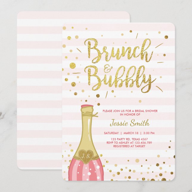 Brunch & Bubbly Bridal shower invitation Pink Gold (Front/Back)