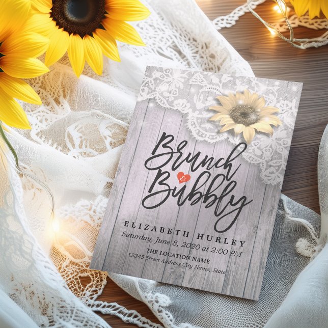 Brunch & Bubbly Bridal Shower Lace Sunflower Wood Invitation (Creator Uploaded)