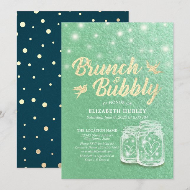 Brunch & Bubbly Bridal Shower Mason Jar Green Gold Invitation (Front/Back)