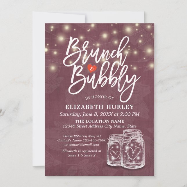 Brunch Bubbly Bridal Shower Mason Jar String Light Invitation (Front)