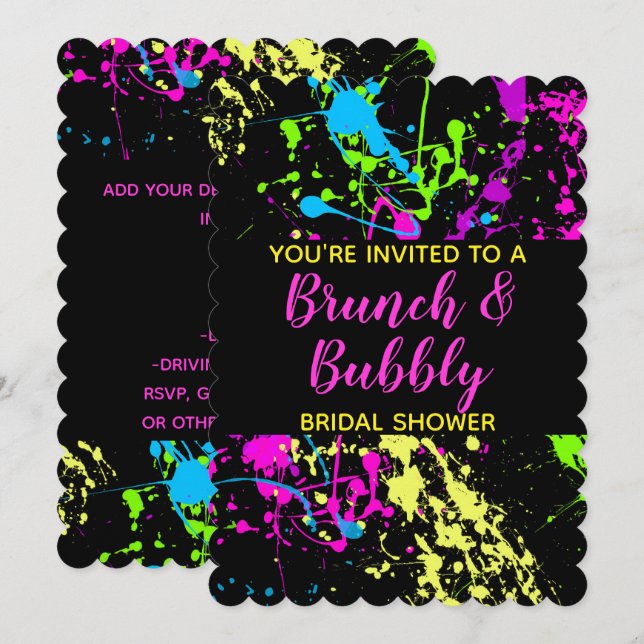 Brunch Bubbly Bridal Shower Neon Paint Splatter Invitation (Front/Back)
