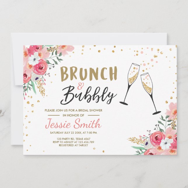 Brunch & Bubbly Bridal Shower Pink Gold Champagne Invitation (Front)