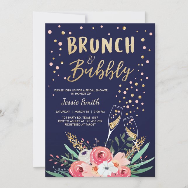 Brunch & Bubbly Bridal Shower Pink Gold Champagne Invitation (Front)