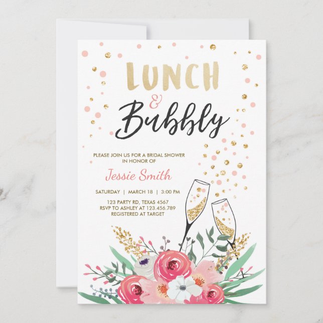 Brunch & Bubbly Bridal Shower Pink Gold Champagne Invitation (Front)