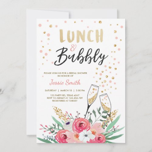 Brunch  Bubbly Bridal Shower Pink Gold Champagne Invitation