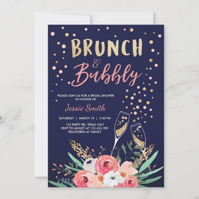 Brunch & Bubbly Bridal Shower Pink Gold Champagne Invitation (Front)