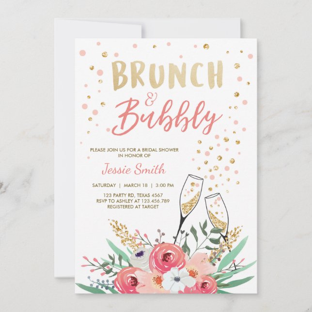 Brunch & Bubbly Bridal Shower Pink Gold Champagne Invitation (Front)