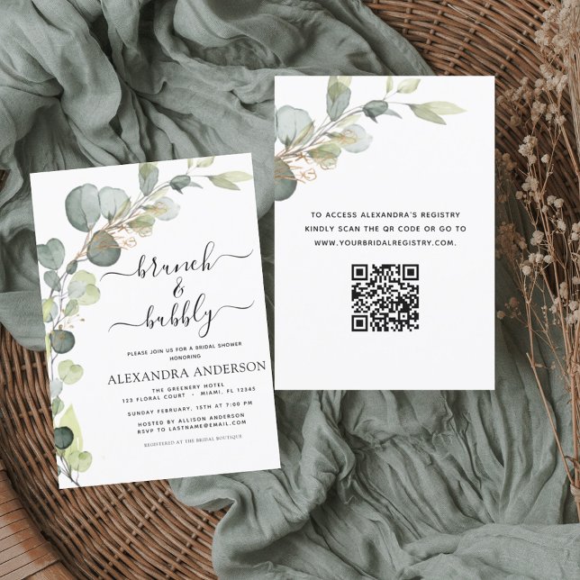 Brunch & Bubbly Bridal Shower QR Code Eucalyptus Invitation (Creator Uploaded)