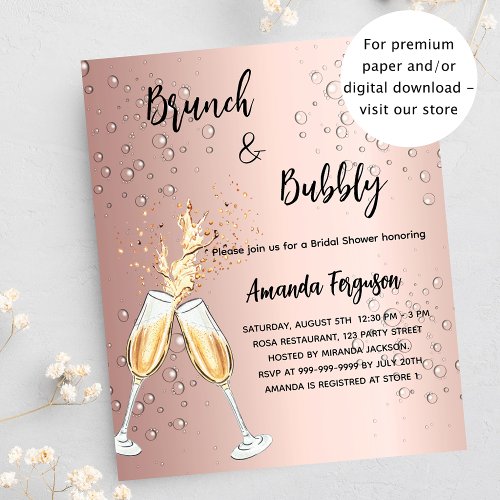 Brunch Bubbly Bridal Shower rose budget invitation Flyer