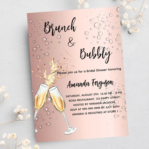 Brunch Bubbly Bridal Shower rose gold bubbles Invitation Postcard