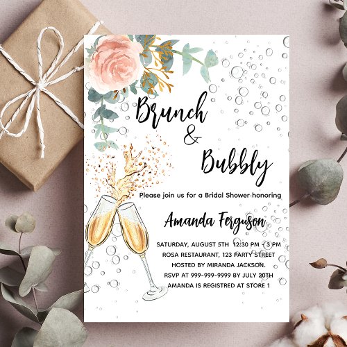 Brunch Bubbly Bridal Shower rose gold floral Invitation Postcard
