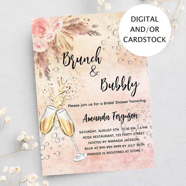 Brunch Bubbly Bridal Shower rose pampas grass Invitation | Zazzle