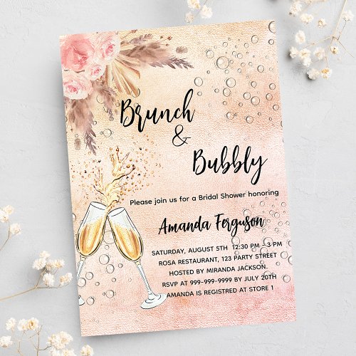 Brunch Bubbly Bridal Shower rose pampas grass Invitation Postcard