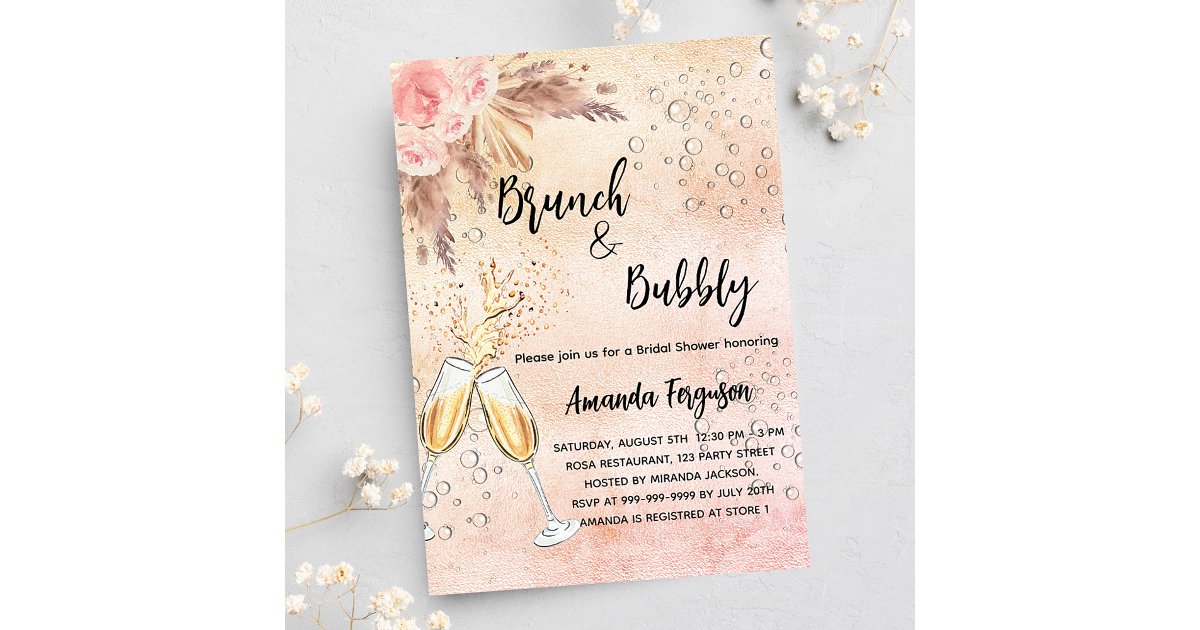 Brunch Bubbly Bridal Shower rose pampas grass Invitation Postcard | Zazzle