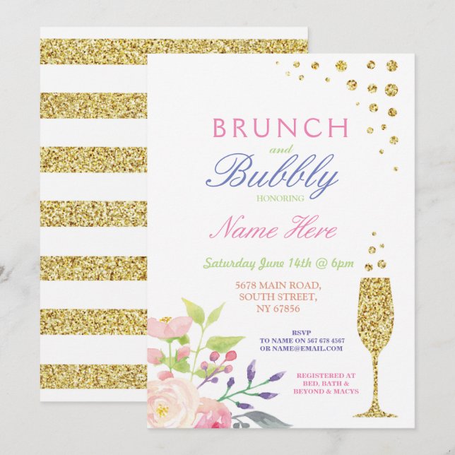 Brunch & Bubbly Bridal Shower Sweet Floral Invite (Front/Back)