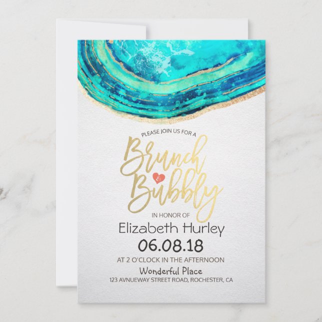 Brunch Bubbly Bridal Shower Teal Gold Agate Geode Invitation (Front)