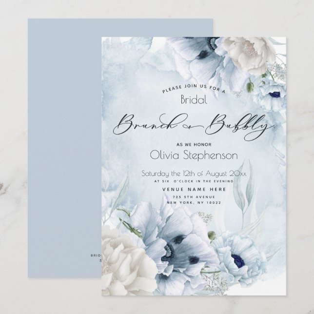 Brunch Bubbly Bridal Shower Watercolor Blue Flower Invitation (Front/Back)