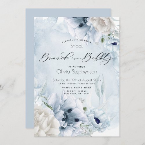 Brunch Bubbly Bridal Shower Watercolor Blue Flower Invitation