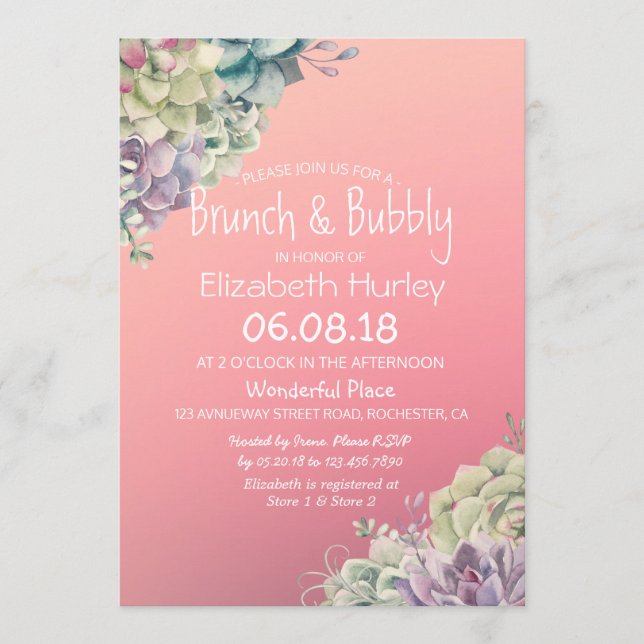 Brunch & Bubbly Bridal Shower Watercolor Succulent Invitation (Front)