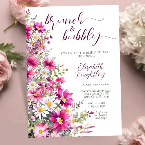 Brunch  Bubbly Bright Pink Floral Bridal Shower Invitation