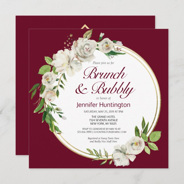 Brunch & Bubbly Burgundy Bridal Shower Boho Invitation (Front/Back)