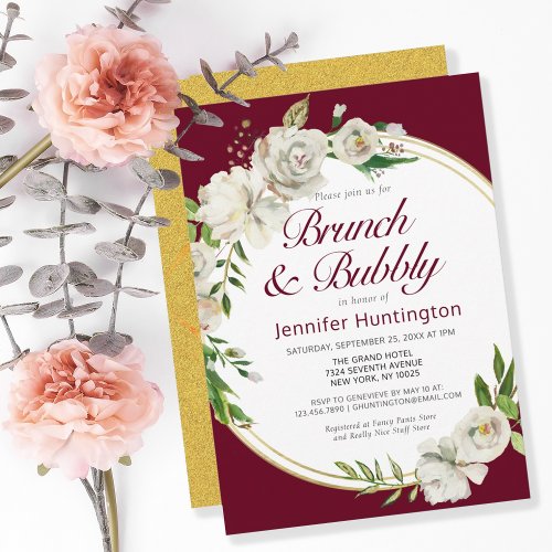 Brunch  Bubbly Burgundy Floral Bridal Shower  Invitation
