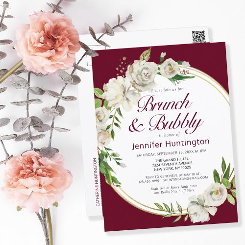 Brunch  Bubbly Burgundy Floral Bridal Shower  Postcard