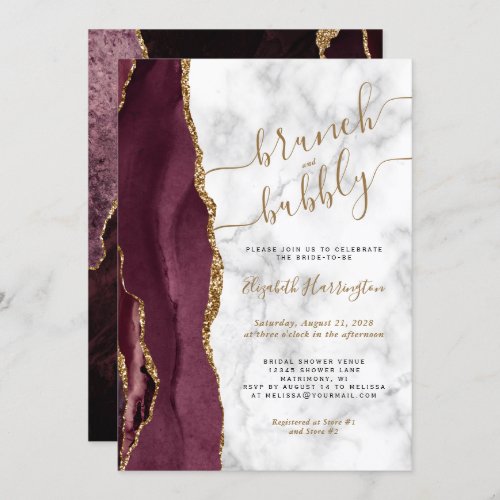 Brunch  Bubbly Burgundy Gold Agate Bridal Shower Invitation