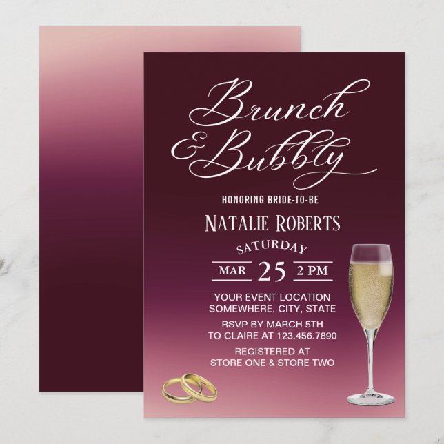 Brunch & Bubbly Burgundy Red Ombre Bridal Shower Invitation (Front/Back)