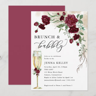 Brunch & Bubbly Burgundy Rose Vine, Bridal Shower Invitation