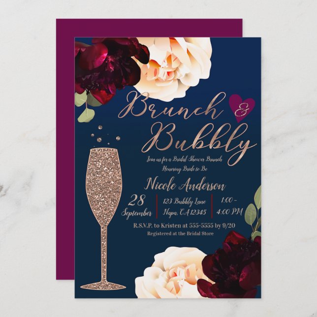 Brunch & Bubbly Champagne Dark Blue Bridal Shower Invitation (Front/Back)